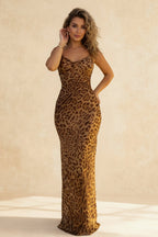 Leopard Print Cowl Neck Spaghetti Strap Bodycon Maxi Dress