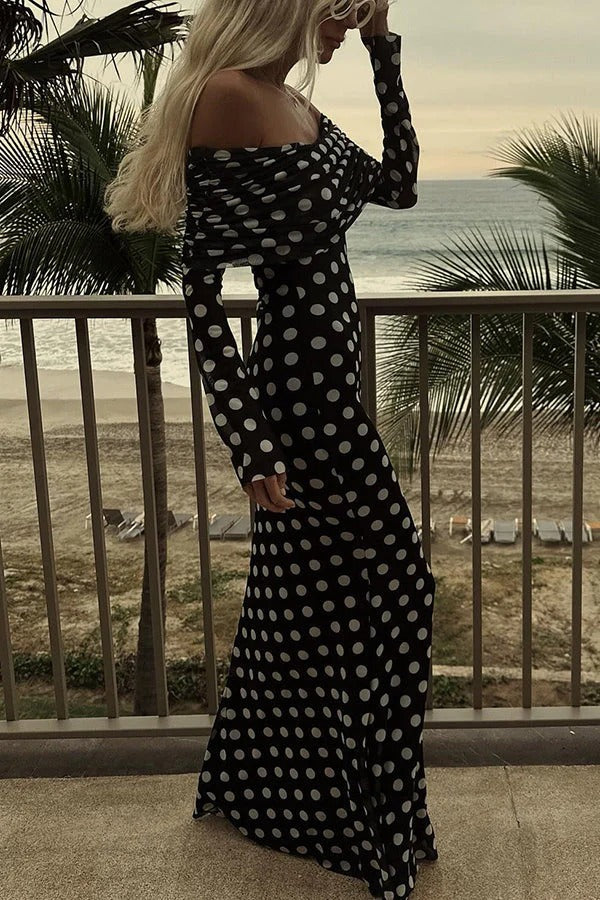 Hazel Statement Chic Off the Shoulder Ruched Stretch Maxi Dress with Polka Dot Print Boutique Collection