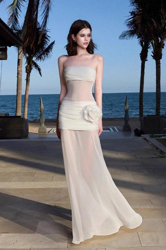 Strapless Ruched Sheer Mesh Floral Rosette Applique Maxi Dress