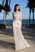 Strapless Ruched Sheer Mesh Floral Rosette Applique Maxi Dress
