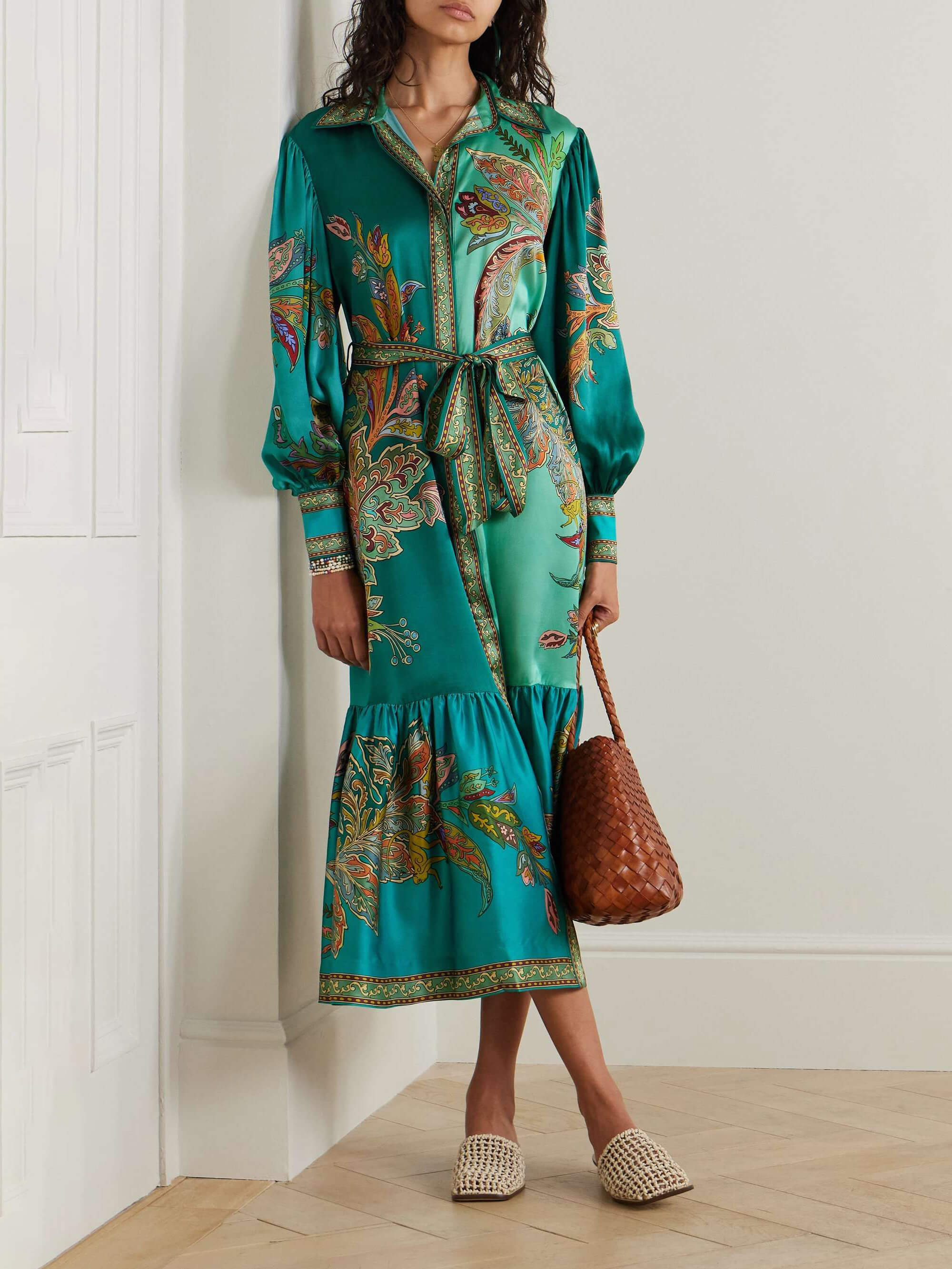 Satin Paisley Print Bishop Sleeve Belted Ruffle Hem Midi Shirt Dress