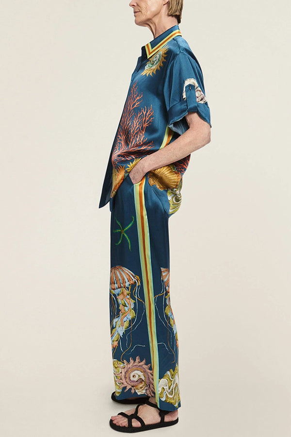 Linen Blend Unique Print Lapel Short Sleeve Shirt and Elastic Waist Loose Pocket Wide Leg Pants Set