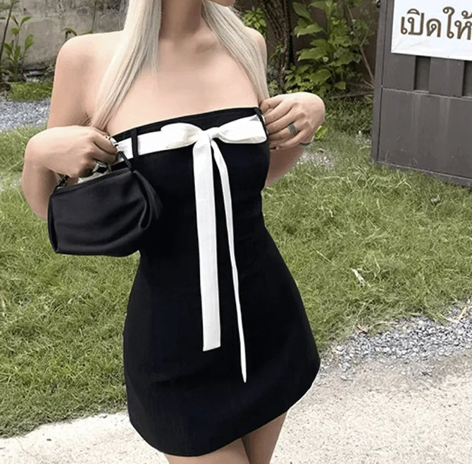 Off Shoulder Bow Detail Puff Sleeve Fit and Flare Mini Dress