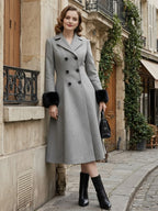 Wool Blend Double-breasted Midi Flared Coat with black Faux Fur Cuffs For Women 2026