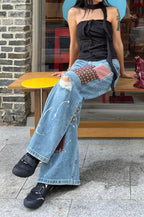 Vintage Washed Paint Splatter Patchwork Ripped Jeans
