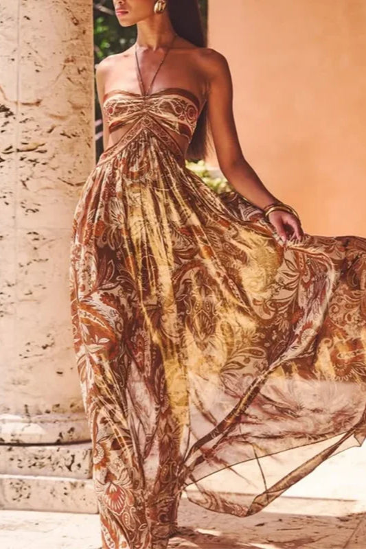 Brown Strapless Lace-up Pleated Dress
