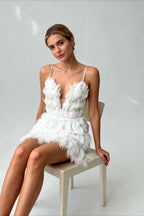 Spaghetti Strap Deep V Feather Trim Mesh Panel Tiered Mini Dress
