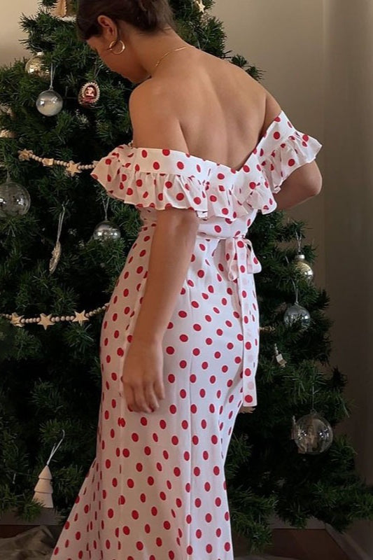 Polka Dot Ruffle Neck Cap Sleeve Bodycon Maxi Summer Dress