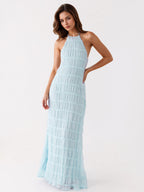 Halter Neck Pleated Maxi Dress for Women - Boho Ruched Backless Sleeveless Tiered Long Sundress - Summer Beach Event 2026