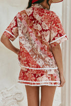 Floral Print Collared Short-sleeved Loose-fitting Shirt and Casual Floral Trim Mini Skirt Set