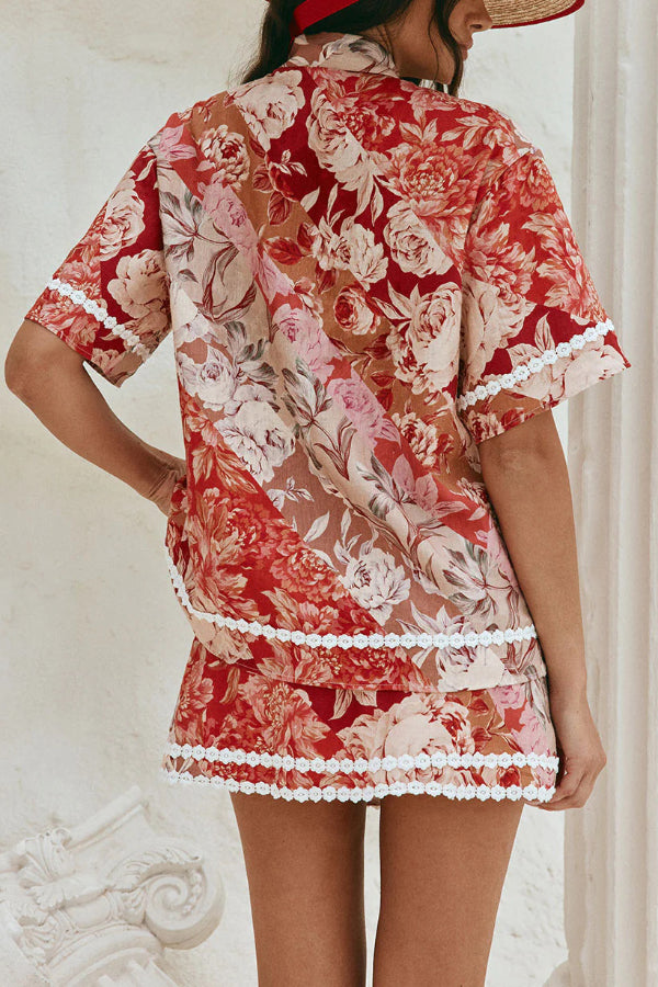 Floral Print Collared Short-sleeved Loose-fitting Shirt and Casual Floral Trim Mini Skirt Set