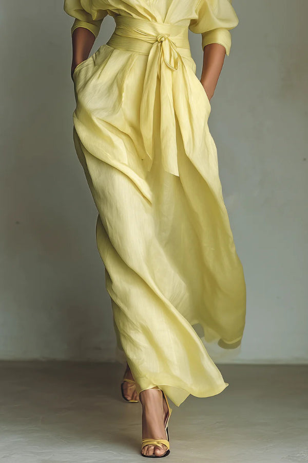 Solid Color Lapel Long Sleeve Casual Pocket Waist-cinching Maxi Dress
