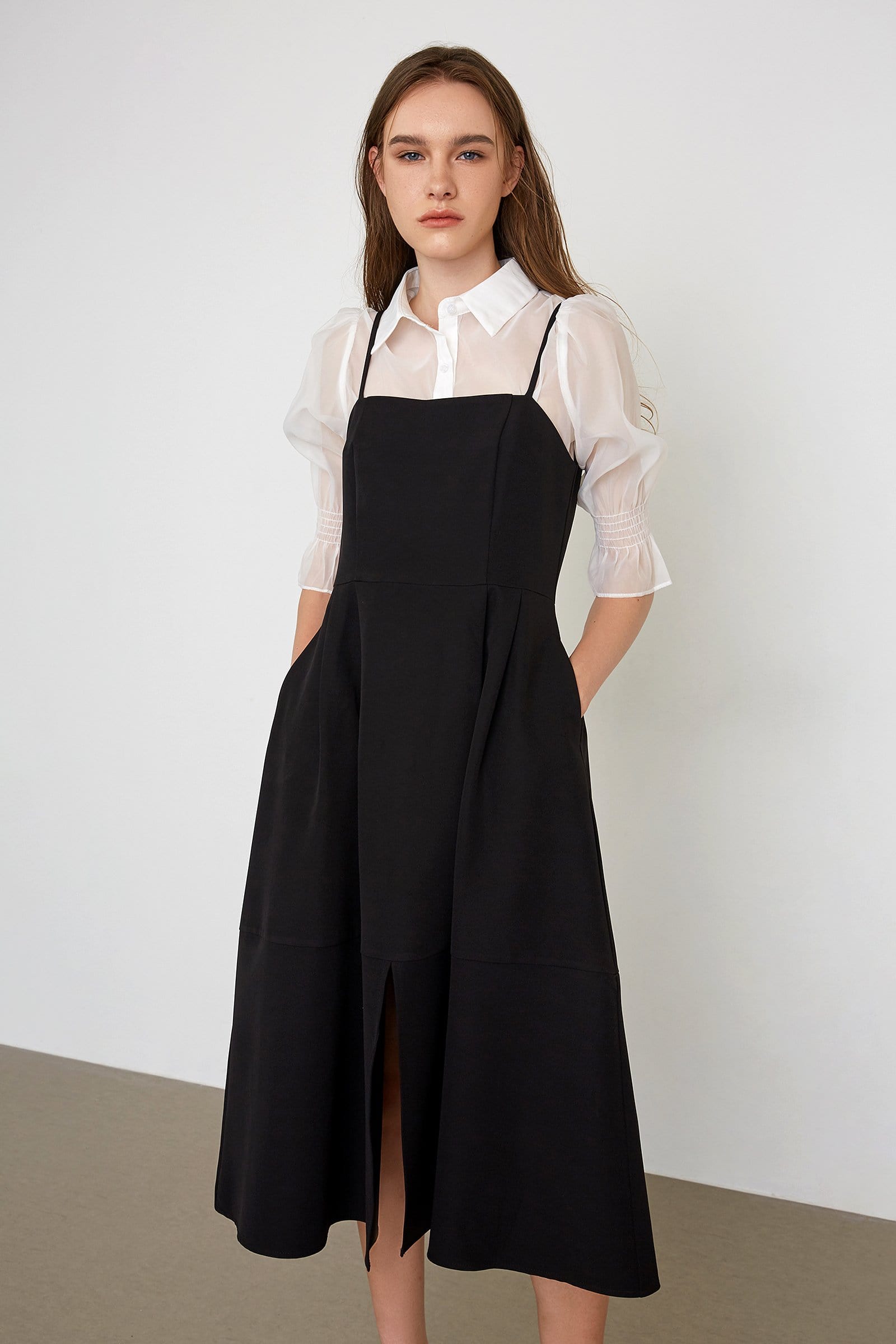 Square Neck Spaghetti Strap Front Slit Pocket A-Line Midi Dress