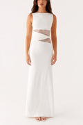Boat Neck Sleeveless Lace Panel Waist Cut Out Twist Detail Maxi Dress