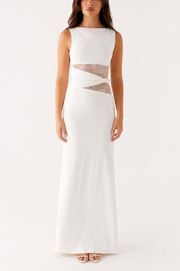 Boat Neck Sleeveless Lace Panel Waist Cut Out Twist Detail Maxi Dress