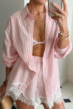 Linen Blend Shirt and Lace-trimmed Shorts Set