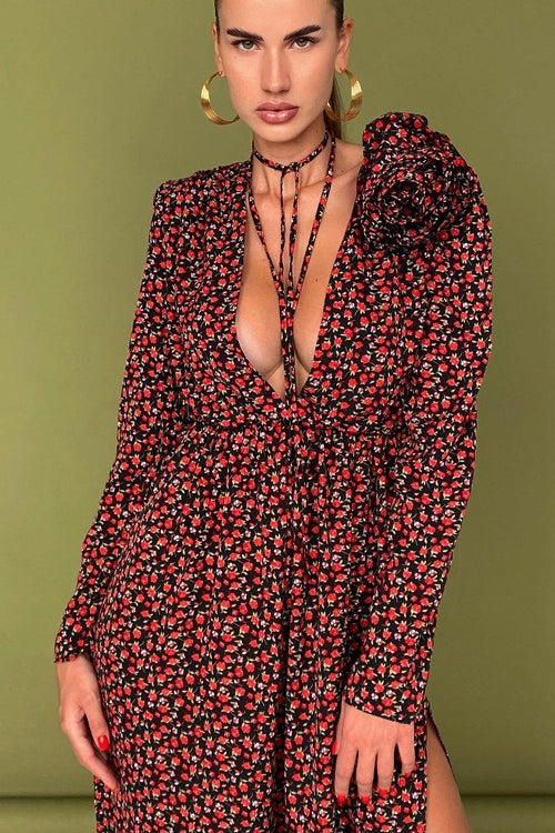 Deep V Neck Long Sleeve 3D Flower Applique High Slit Maxi Dress