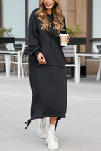 Oversized Hooded Kangaroo Pocket Drawstring Hem Side Slit Midi Sweatshirt Dress
