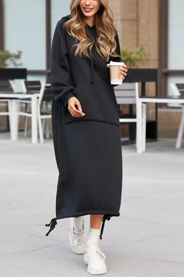 Oversized Hooded Kangaroo Pocket Drawstring Hem Side Slit Midi Sweatshirt Dress