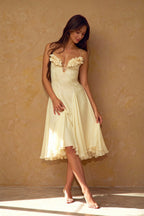 Chiffon Deep V-Neck Lace Up Corset 3D Floral A-Line Midi Dress