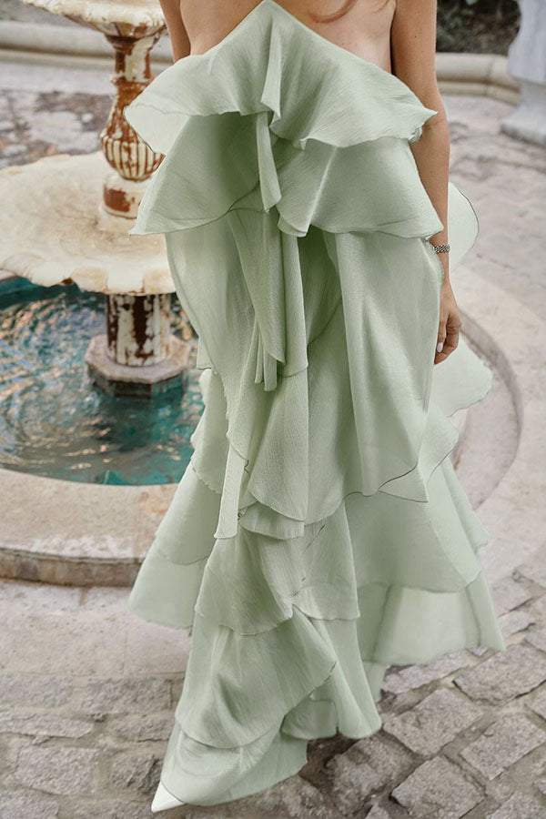 Romantic Summer Chiffon Tiered Ruffle Deep V-Back Halter A-line Maxi Design