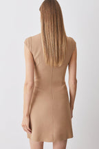 Ariana Chic Military Style Mini Dress with Cap Sleeves, Stand Up Collar and Patchwork Pleated Hem Silhouette Collection