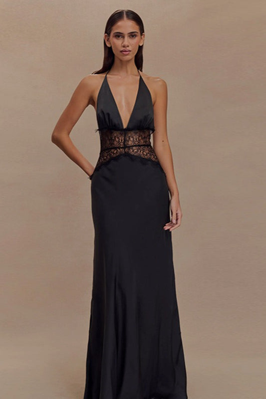 Satin Deep V-Neck Halter Lace Waist Panel Maxi Gown