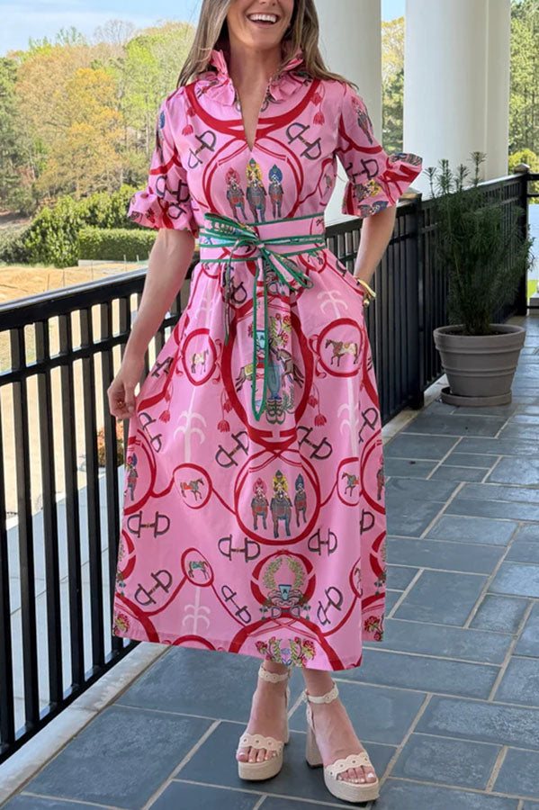 Churchill Social Playful Warhorse Print Stand Neck Ruffle Sleeve Belted Pocket Caftan Midi Dress