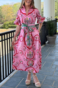 Churchill Social Playful Warhorse Print Stand Neck Ruffle Sleeve Belted Pocket Caftan Midi Dress