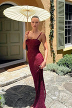 Scoop Neck Spaghetti Strap Floral Lace Bodycon Maxi Dress