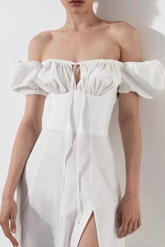 Off Shoulder Puff Sleeve Corset Tie Front High Split Maxi Dress