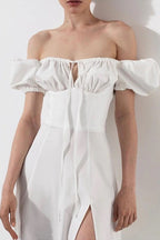 Off Shoulder Puff Sleeve Corset Tie Front High Split Maxi Dress