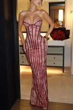 Sian Floral Lace Contrast Structural Detail Back Lace-up Strapless Slit Maxi Dress