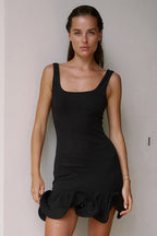 Square Neck Ruffle Hem Bodycon Mini Dress