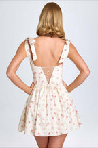 Square Neck Bow Tie Strap Corset Basque Waist Flared Mini Dress