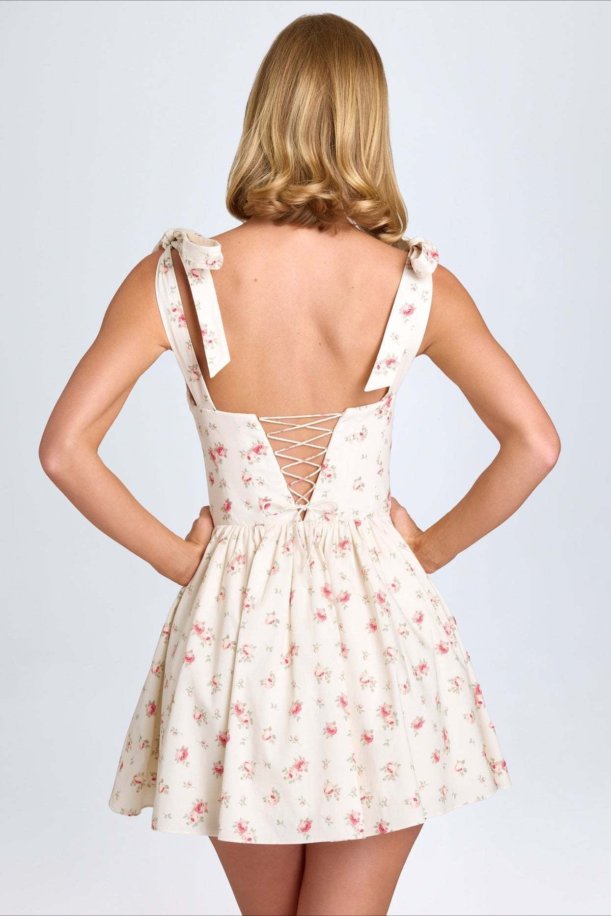 Square Neck Bow Tie Strap Corset Basque Waist Flared Mini Dress
