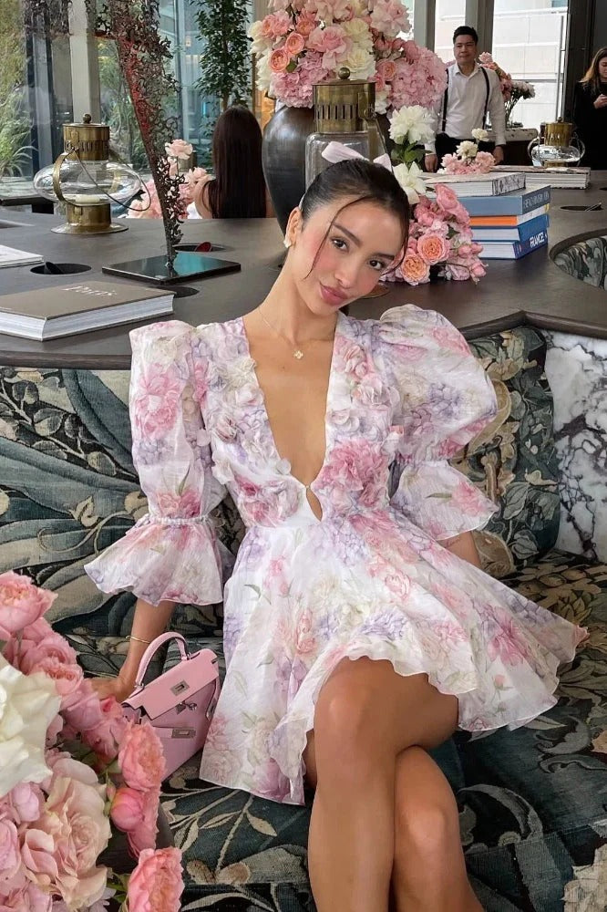 Floral Print Puff Sleeve Deep V-Neck Keyhole Cut Out Ruffle Hem Mini Dress