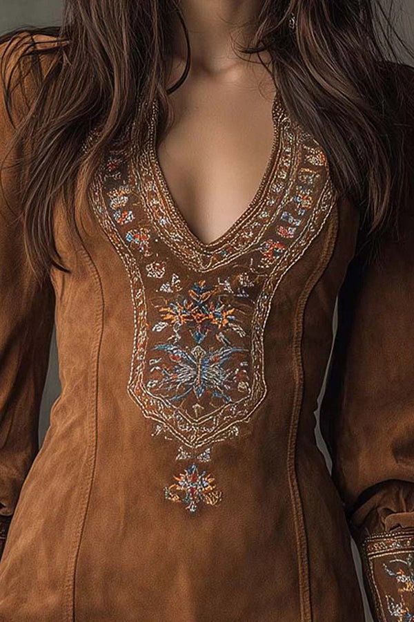 Fashionable Suede Embroidered V-neck Long-sleeved Slim-fit Mini Dress