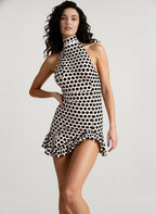 Mock Neck Halter Polka Dot Ruched Asymmetric Ruffle Hem Mini Dress