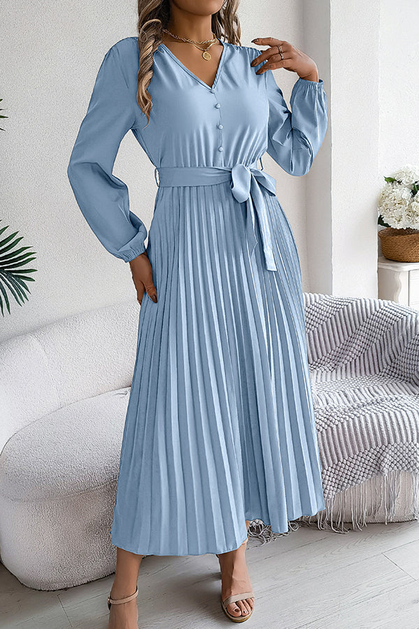 Deep V-Neck Bishop Sleeve Button Front Pleated Belted Midi Dress
