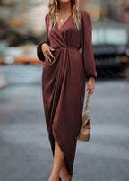 Wrap V Neck Bishop Sleeve Twist Front Draped Midi Dress