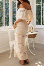 Off Shoulder Crochet Knit Drawstring Waist Tassel Maxi Dress