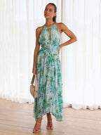 Print Maxi Dresses Floral Sleeveless Halter Elegant Layered Pleated Backless Long Summer Dresses