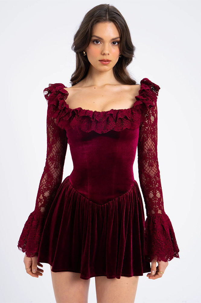 Red Velvet Bell Sleeve Bodycon Dress