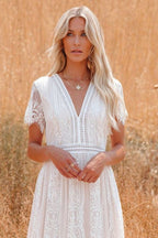 Deep V Neck Lace Cap Sleeve Empire Waist Scalloped Hem Maxi Dress