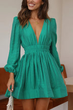 Deep V-Neck Puff Sleeve Smocked Waist Fit and Flare Mini Dress