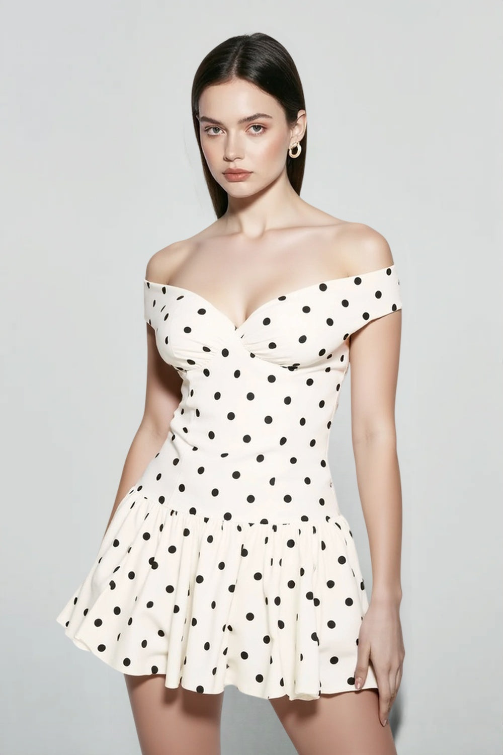 Off Shoulder Sweetheart Ruched Polka Dot Peplum Mini Dress