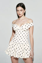 Off Shoulder Sweetheart Ruched Polka Dot Peplum Mini Dress