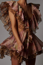 Dreamy Island Floral Leopard Print Cutout Waist Tiered Ruffles Mini Dress