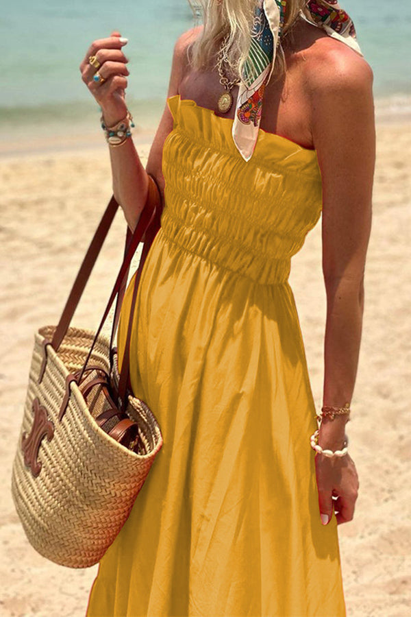 Strapless Smocked Ruffle Trim Tiered Maxi Dress